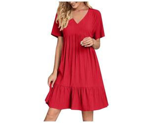 KOG Damen Sommerkleid Sommerkleider 2026 Hawaii Kleid Einfarbig Frauen Tunika Blusen Kleid Langes Frau T-Shirtkleid Blusen Kleider Baumwolle Kleider Hochzeitsgast Rot L