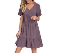 KOG Damen Sommerkleid Sommerkleider 2026 Shirtkleid Einfarbig Basic Bekleidung Strandkleid Tunika Teenager Festkleider Boho-Kleid Baumwolle Kleid Hochzeitsgast Lila S