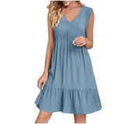 KOG Damen Sommerkleid Sommerkleider Basic Tshirt Kleid Einfarbig Leichte Oberteil Sommerkleidung Casual Boho Kleidung Blumenkleid Baumwolle Kleid Hochzeitsgast Hellblau XL