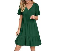 KOG Damen Sommerkleider Sommerkleid Elegante Sommerkleider Einfarbige Elegant Kleidung Boho Kleid Knielang Trauzeugin Kleid Tshirtkleid Baumwolle Brautmutterkleider Armeegrün 5XL