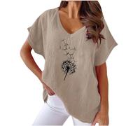 KOG Damen T-Shirts Elegante Leinen Tunika Sommer Kurzarm Longshirt Frau Tuniken Retro Einfarbige Oberteile Frauen Rundhals Fashion Longbluse Khaki 3XL