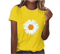 KOG Damen T-Shirts Lässig Grafik Kleidung Sommer Kurzarm Bluse Frauen Tunika Elegant Drucken Top Frau Eckiger Ausschnitt Elegante Shirt Gelb 3XL