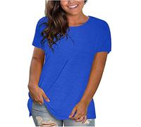 KOG Damen T-Shirts Mode Einfarbige Tee T-Shirt Elegant Baumwolle Tunika Teenager Mädchen Blusen Oversize Einfarbig Kleidung Teenager Rundhals Basic Tops Blau XL
