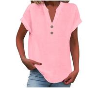 KOG Damen Tshirt Sommer Baumwolle Leinen Oberteil Fashion Kurzarm Kleidung Blusen Oversized Leinen Longbluse Teenager Rundhals Slim Fit Tunika Rosa 5XL