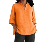 KOG Damen Tshirts Basic Leinenbluse Bluse Freizeit Kurzarm Blusenshirt T-Shirt Elegant Leinenshirt Hemd Frauen Rundhals Tee Shirt Orange XXL