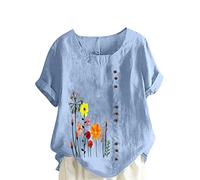KOG Damen Tshirts Elegante Leinenbluse Blusen & Tuniken Retro Kurzarm Oberteil Blusen Casual Grafik Drucken Longbluse Teenager V-Ausschnitt Sommer T-Shirts Hellblau 3XL