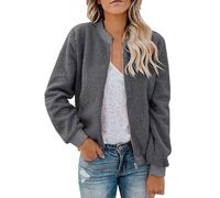 KOG Fleecejacke Damen Wintermantel Warmes Fleecepullover Teddyfleece Jacke Einfarbig Bekleidung Frauen Kapuzenpullover Sweatjacke Zipper Jacke Steppjacke Sportjacke Wollmantel Grau L