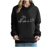 KOG Hoodie Damen Baumwolle Kapuzenpullover Katzen-Print Hoodies Warm Sweatshirt mit Kapuze Hooded Sweatshirt Mode Elegante Teenager Mädchen Basic Oversize Langarmshirt Bekleidung Schwarz S