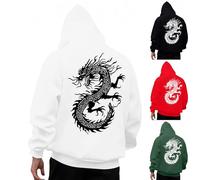 KOG Hoodie für Herren Drachen Backprint Hoodies Grafik Drucken Sweatshirt mit Kapuze Winter Streetwear Herbst Pullover Fashion Männer Warme Lose Kapuzenpullover Baumwolle Bekleidung Weiß L