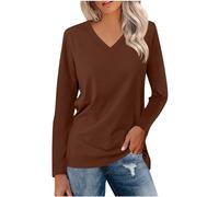 KOG Langarmshirt für Damen Langarm Kleidung Einfarbig T-Shirt Lässig Baumwolle Blusen Teenager Mädchen Longshirt Top Rundhals Mode Tuniken Kaffee 3XL