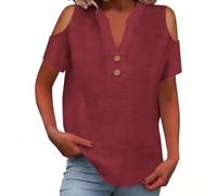 KOG Leinenbluse Damen Sommer T Shirts Kurzarm Leinenshirt Streetwear Einfarbige Arbeitsshirt Elegant Baumwolle Leinen Top Lose Longshirt Teenager Mode Oberteile Tops Sweatshirt Wein XL