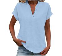 KOG Leinenbluse Damen Sommer Tshirt Kurzarm Leinenshirt Shirt Einfarbig Bekleidung Mode Leinen Arbeitsshirt Frauen Tops Freizeit Tunika Frau Elegant Kleidung Top Kurzarmhemd Hellblau XL