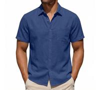 KOG Leinenhemd Herren Sommer Hemden Jungen Strand Hemd Einfarbige Shirts Basic Leinen Sportshirt Junge Sommerhemd Lose Oberteile Männer Bequemes Hawaiihemd Sporthemd Streetwear Marine L