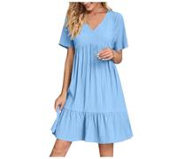KOG Sommerkleid Damen Sommerkleider 2026 Blusenkleid Einfarbige Tunika Oberteil Hemdblusenkleid Swing Frauen Kleid Hawaiikleid Baumwolle Kleider für Hochzeitsgäste Hellblau 4XL