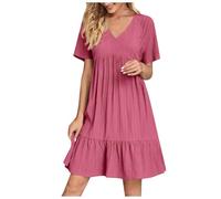 KOG Sommerkleid Damen Sommerkleider Basic Hemdblusenkleid Einfarbige Elegante Oberteil Boho Kleidung Lang Boho-Kleid T-Shirt Kleid Baumwolle Kleid Hochzeitsgast Knalliges Pink 5XL