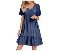 KOG Sommerkleid für Damen Sommerkleider Sommer Blusenkleid Einfarbig Teenager Leicht Kleidung Strandkleider Leichte Frauen Hemdblusenkleid Baumwolle Kleid Hochzeitsgast Marine L