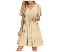 KOG Sommerkleid Sommerkleider Damen Elegante Shirtkleid Einfarbige 2025 Strandkleid Langes Teenager Blumenkleid Umstandskleid Baumwolle Abendkleid Hochzeit Beige 4XL
