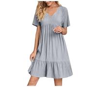 KOG Sommerkleid Sommerkleider für Damen 2026 Boho Kleid Einfarbig Teenager Elegante Blusen Kleid Lang Frau Hemdkleid Tunika Kleid Baumwolle Kleider Hochzeitsgast Grau XL
