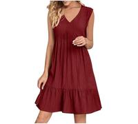 KOG Sommerkleider Damen Sommerkleid 2026 Blusenkleider Einfarbige Sommer Strandkleider Tunika Frau Boho Kleid Kleider Baumwolle Brautjungfernkleider Wein XL