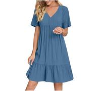 KOG Sommerkleider Damen Sommerkleid Casual Basic Blusen Kleid Einfarbig Frau Mode Tunika Kleid Kurz Kleider Baumwolle Lange Elegante Abendkleider für Hochzeiten Blau M