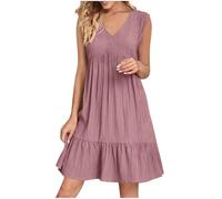 KOG Sommerkleider Damen Sommerkleid Casual Basic Blusen Kleid Einfarbig Frau Mode Tunika Kleid Kurz Kleider Baumwolle Lange Elegante Abendkleider für Hochzeiten Rosa L