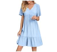 KOG Sommerkleider Sommerkleid Damen 2026 Blusen Kleid Einfarbig Teenager Leichte Bekleidung Boho Kleid Kurz Frau Kleid Boho Kleidung Baumwolle Abendkleid Hochzeit Hellblau 5XL