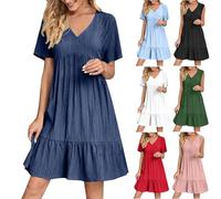 KOG Sommerkleider Sommerkleid Damen 2026 Strandkleid Einfarbige Vintage Oberteil Kleider Schwarz Teenager Blusen Kleider Hawaii Kleid Baumwolle Abendkleid Hochzeit Marine 3XL
