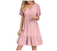 KOG Sommerkleider Sommerkleid Damen Casual Einfarbige Elegante Bekleidung Strandkleider Lange Hemdblusenkleid Umstandskleidung Baumwolle Kleider für Hochzeitsgäste Rosa 5XL