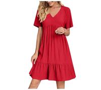 KOG Sommerkleider Sommerkleid Damen Elegant Freizeitkleid Einfarbig Casual Oberteil Boho-Kleid Elegante Teenager Kleid Tunika Kleid Baumwolle Brautjungfernkleider Rot XXL