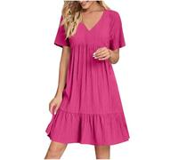 KOG Sommerkleider Sommerkleid für Damen Casual Hemdkleid Einfarbig Leicht Tunika Kleid Frau Strandkleid Boho Kleid Baumwolle Kleider für Hochzeitsgäste Rosa L