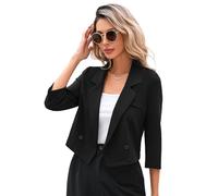 KOJOOIN Blazer Damen Leicht Cropped Business Blazerjacke Casual Offene Blazer 3/4 Ärmel kurz Arbeit Büro Jacke Schwarz M