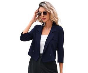 KOJOOIN Blazer Damen Leicht Cropped Business Blazerjacke Casual Offene Blazer 3/4 Ärmel kurz Arbeit Büro Jacke Marineblau XL