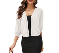KOJOOIN Damen Bolero 3/4 Ärmel Strickbolero Open Front Kurz Strickjacke Schulterjacke Elegant Bolerojäckchen Cardigan Casual Top Weiß,L