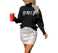 KOJOOIN Strickpullover Damen Winter Casual Langarm Elegant Rollkragenpullover Stricken Pulli Sweatshirt Weihnachtspullover Merry Christmas Schwarz S