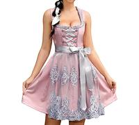 KOJOOIN Trachten Damen Dirndl 2tlg. Midi Dirndlkleid Tachtenkleid für Oktoberfest inkl.Spitzenschürze Rosa(2tlg.) 42