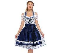 KOJOOIN Trachtenkleid Damen Dirndl Kurz mit Stickerei Exklusives Designer für Oktoberfest - DREI Teilig: Kleid, Bluse, Schürze Navy Dunkelblau Blumen 38