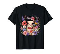 Kokeshi Doll Japanischer Kimono Floral Flowers T-Shirt