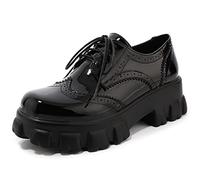 KOKOMOMO Damen Schnürschuhe aus Lackleder, Plateau-Oxfords, klobige Schnürschuhe, Gothic-Schnalle, Schuhe, 1 Schwarz, 42.5 EU