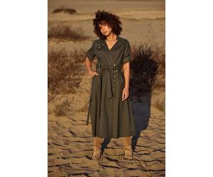 KOKOworld Suri Wickelkleid aus 100% Leinen - Sommerkleid im Safari-Stil - mit Taschen & Schlitz - fair & nachhaltig in EU produziert - bequem & elegant für Alltag & Reise Slate (Dunkelgrün) L/XL