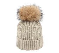 Koly-clothes Kolylong® Damen Strick Bommelmütze mit Perlen Winter Fellbommel Mütze Warm Winter Strickmütze mit Große Pelz Bommel Pompon Wintermütze 56-58cm