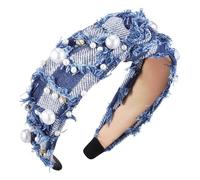 KOMBIUDA Jeans Haarband Damen Breit mit Strasssteinen und Samt Geknotetes Stirnband für Spa Joggen und Party Modischer Kopfschmuck