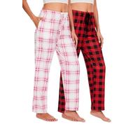 Komfokore 2er Schlafanzughosen für Damen Lange karierte Pyjamahose Dehnbare Lounge Hose Weiche Pyjamahose mit Taschen Rosa Karo/Rotes Karo XL