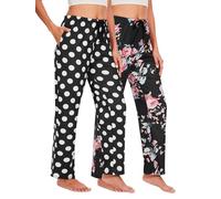 Komfokore Pyjamahose für Damen Lange karierte Pyjamahose Dehnbare Lounge Hose Weiche Pyjamahose mit Taschen Polka Dot/Schwarze Blume M