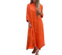 Kommunionkleid mädchen Damenkleider elegant Vintage Kleider Damen 2er Jahre kostüm Leinen Revers Langarm Maxi T-Shirt Kleid mit Taste leinenkleider aus Italien Bandeau（Saffron, S