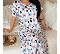 Komplett allover bedrucktes Schmetterling Rippstrick Locker Kurzarm Eng gestricktes Rollsaum Damen Nachthemd, Moo Moo