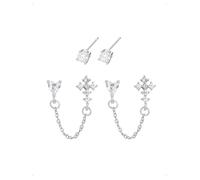 KONFEN 2 Paar Ohrstecker Set Für Damen, Ohrringe Kleine Mit Kette Kreuz Herzform Mit Glänzendem Zirkonia, Minimalistisch Stapelbar Piercing Helix Ohrring, Hypoallergen Ohr Stecker Schmuck, Silber