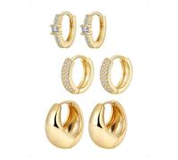 KONFEN 3 Paar Ohrringe Creolen Set Damen, Glänzend Zirkonia Dicke Große Chunky Creolen Ohrring, Hypoallergene Ohrschmuck Mehrfach Piercing Helix Tragus Ohrknorpel Stapelbar Modeohrringe Schmuck, Gold