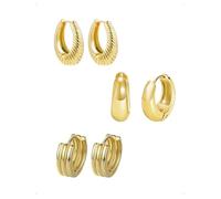 KONFEN 3 Paar Ohrringe Creolen Set Damen, Polierte Dicke Texturierte Chunky Creolen Ohrring, Hypoallergene Ohrschmuck Mehrfach Piercing Helix Tragus Ohrknorpel Stapelbar Modeohrringe Ohrschmuck, Gold
