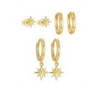 KONFEN 3 Paar Ohrringe Ohrstecker Hänger Creolen Set Damen, Achtzackiger Stern Pendents Creolen Ohrring Stecker, Hypoallergene Ohrschmuck Mehrfach Piercing Tragus Ohrknorpel Stapelbar Schmuck, Gold