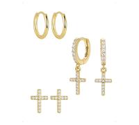 KONFEN 3 Paar Ohrringe Und Ohrstecker Set Damen, 14K Vergoldet Kleine Ohrringe Creolen Doppelt Kreuz Mit Glänzendem Zirkonia, Stapelbar Piercing Helix Ohrring Anhänger Hypoallergen Ohr Schmuck Golden